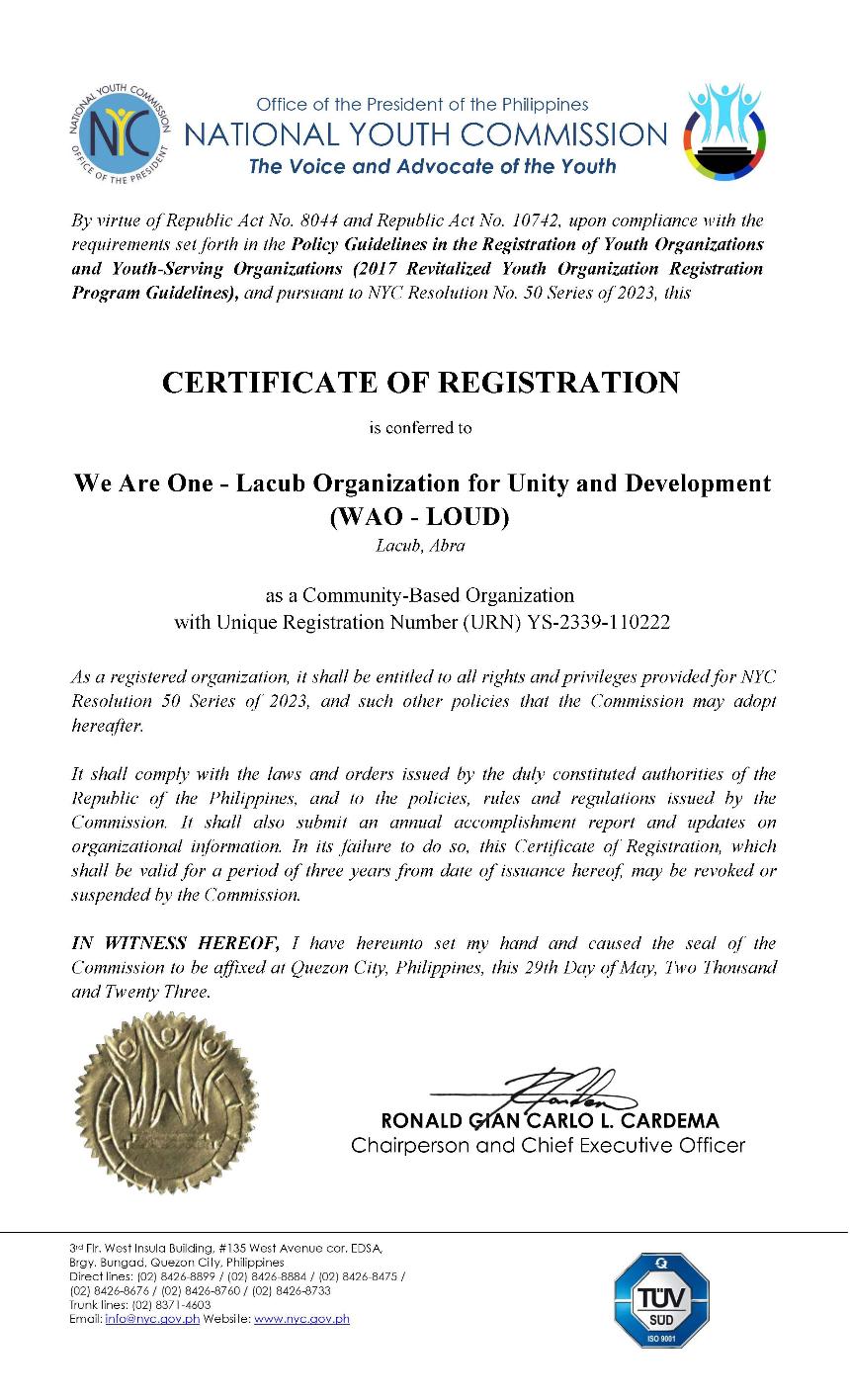 WAO-LOUD CERTIFICATE OF REGISTRATION